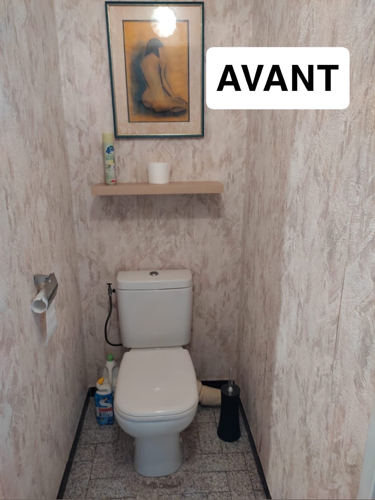 WC classique au sol avec papier peint daté, avant rénovation